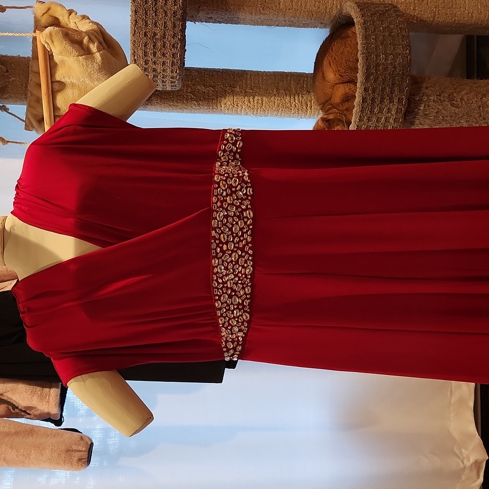 Red gown with attached gem belt, 2x